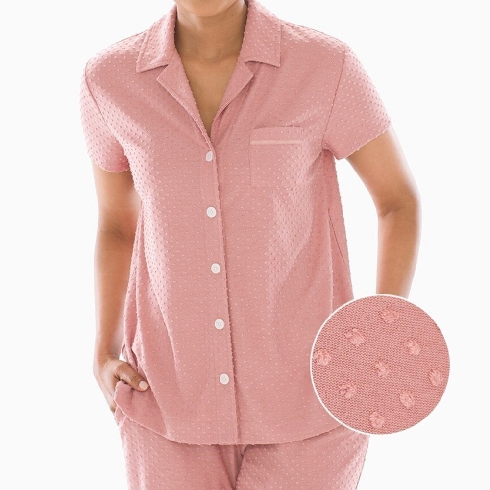 NEW Soma Textured Dot Short Sleeve Notch Collar Pajama Top Pink
